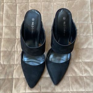Used black suede point front mules